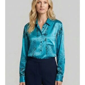 Vintage Chico's Design Silk Shirt Size 3 NWT Asian Calligraphy Teal Button Up